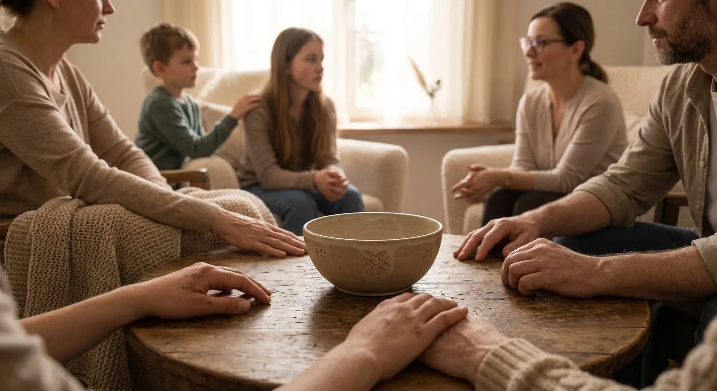 Rodzina siedząca wokół stołu podczas spotkania z psychologiem